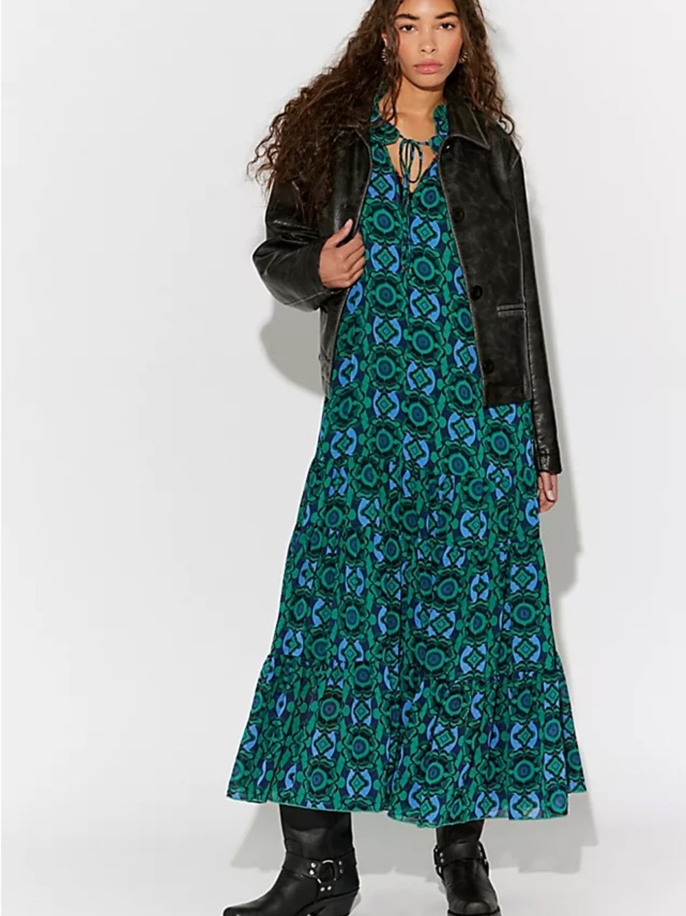 Free People Green and Blue Geometric Tie-Front Maxi Dress
